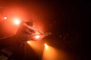 Photograph of a bass player during a concert, seen from a low angle with red light effects