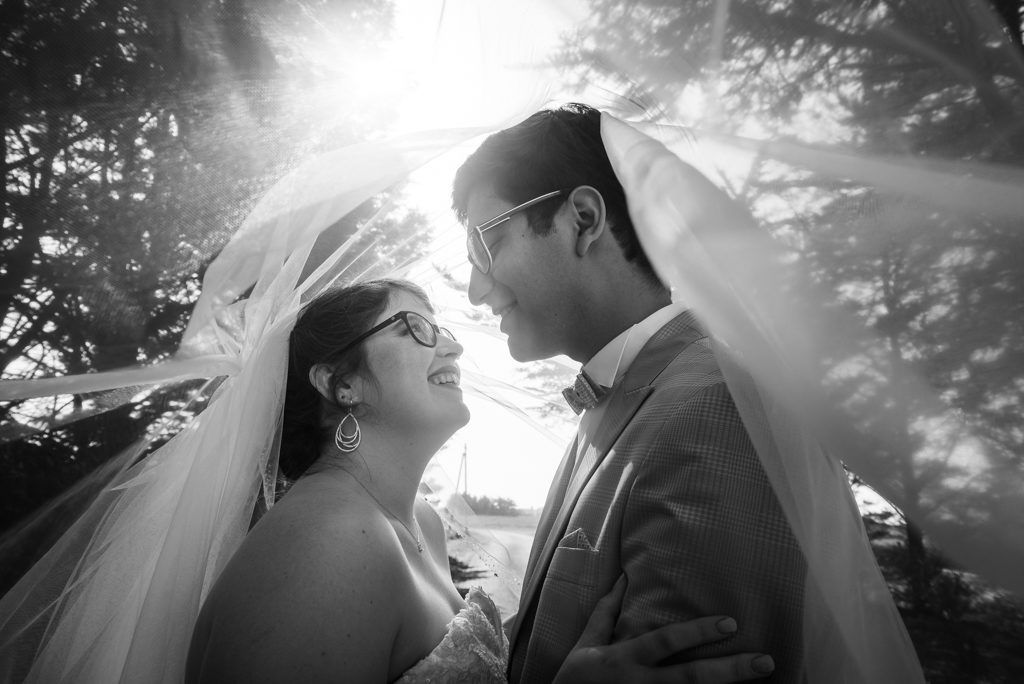 couple de mariés se regardant dans les yeux, prise sous le voile