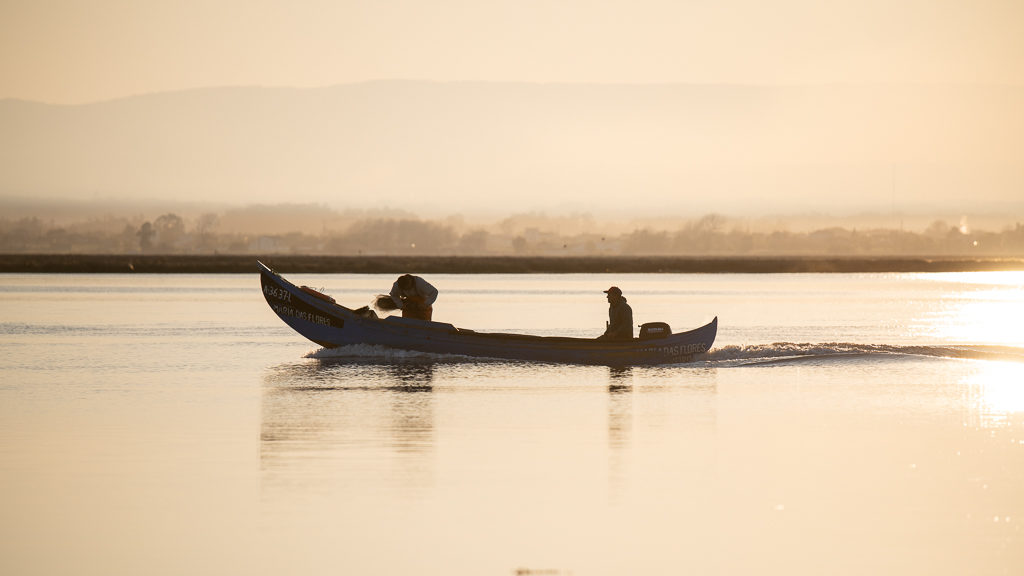 pêcheurs sur le fleuve Alveiro au Portugal au petit matin